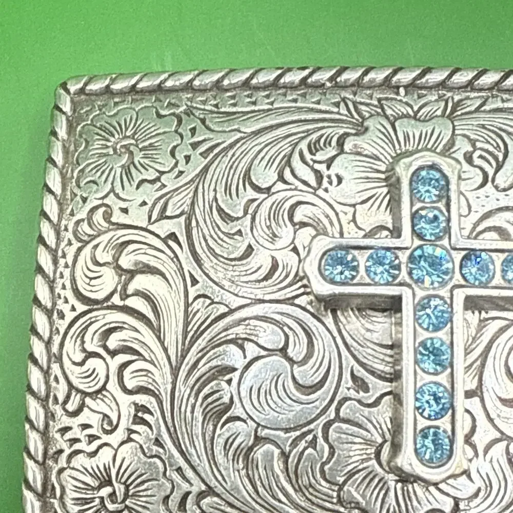 Nocona Womens Silver Tone Belt Buckle Blue Rhinestone Cross Floral Western Rodeo